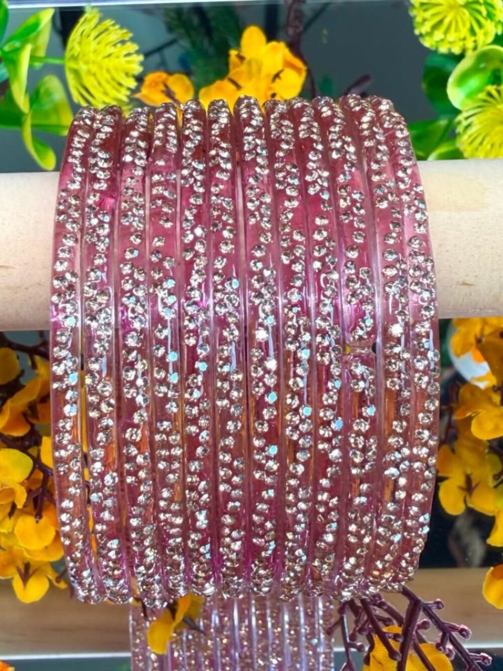 12PC translucent pink Rhinestone Resin Bangle Bracelets Stackable Sparkle Set